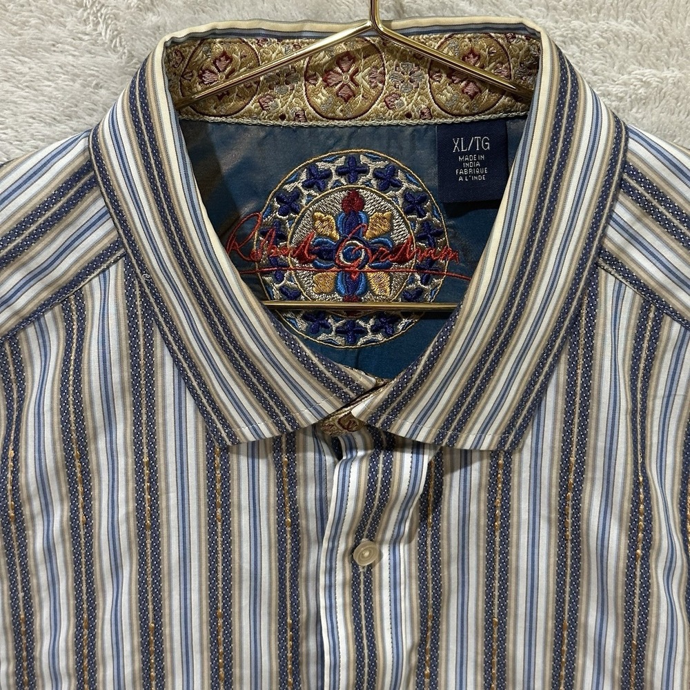 Robert Graham Shirt Mens XL Striped Long Sleeve Button Up Embroidered Cuffs